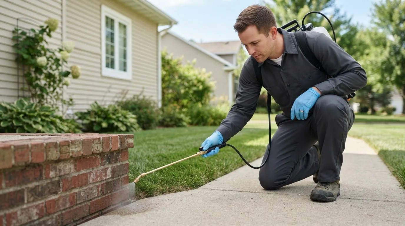 Pest control technician treating a home near Hillsboro, AL
